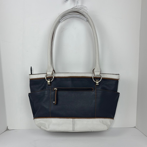 Tignanello 100% Genuine Leather Purse Handbag Bag White Blue & Brown trim - Picture 1 of 12